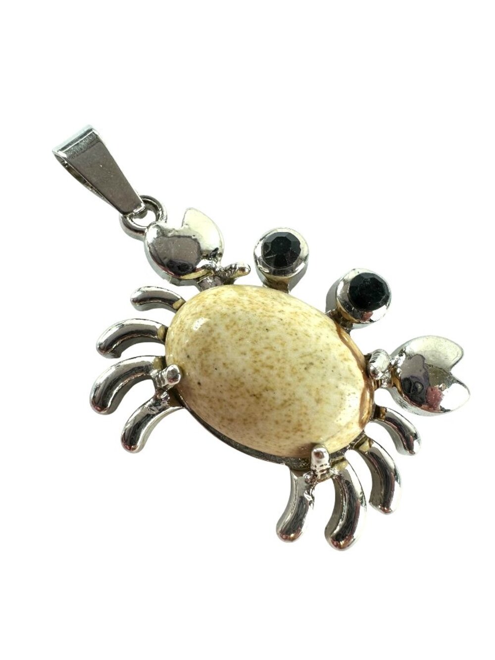 Crab-Shaped Silver Tone Pendant With Natural Stone Center & Black Crystal Eyes
